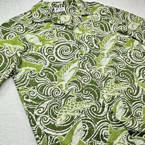 Vtg 80's Malihini Hawaii Shark Tapa Shirt XL Green White Pearl Look Buttons RARE